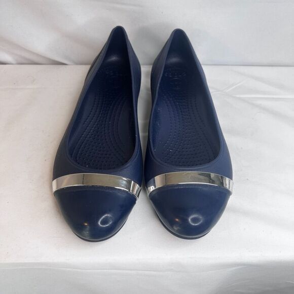 CROCS Navy Blue Silver Mirror Cap Toe Slip On Ballet Flat Size W8 - Picture 2 of 11